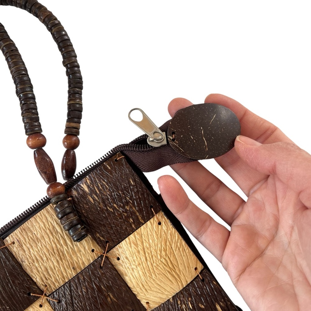 Vintage wooden checkered handbag brown natural beaded handles fully lined - Picture 8 of 11